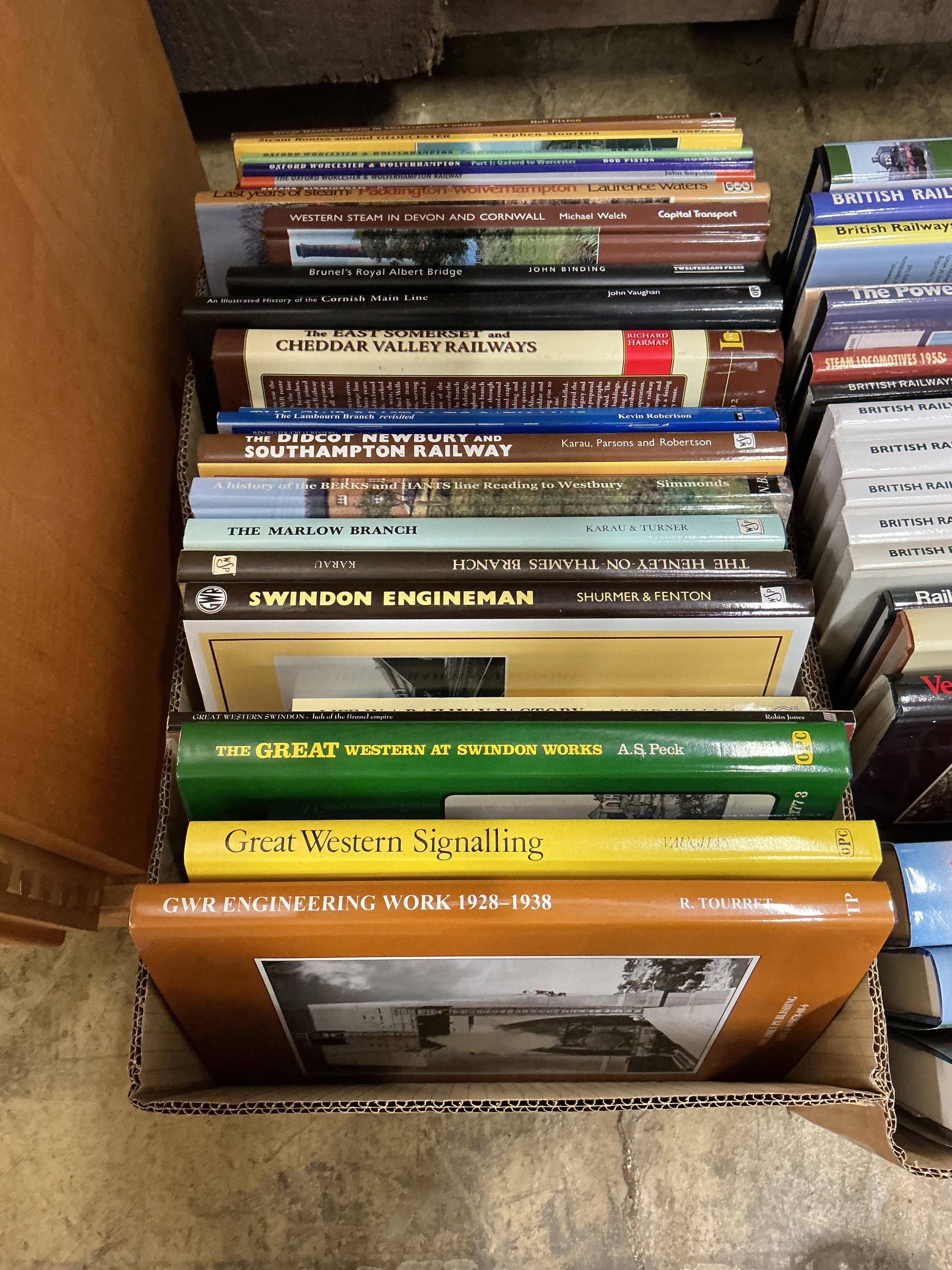 Three boxes of railway related books, subjects include; British Railways Standard Steam Locomotives, the Power of the Austerities, the Stanier Pacifics, LMS locomotives, Swindon Engineman, Great Western Signalling, etc.,